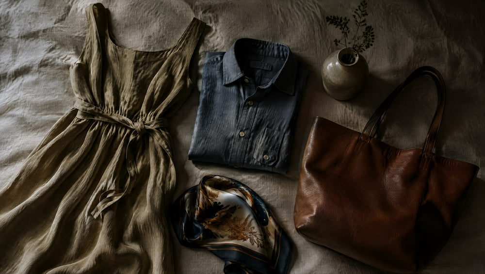 Flat lay of a dress, a men's shirt, a tote bag and a vase